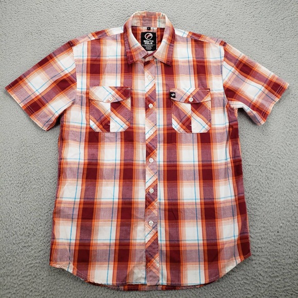 South Pole Shirt Mens Large Orange Button Up Short Sleeve Casual Plaid Pockets‎ - Picture 1 of 13